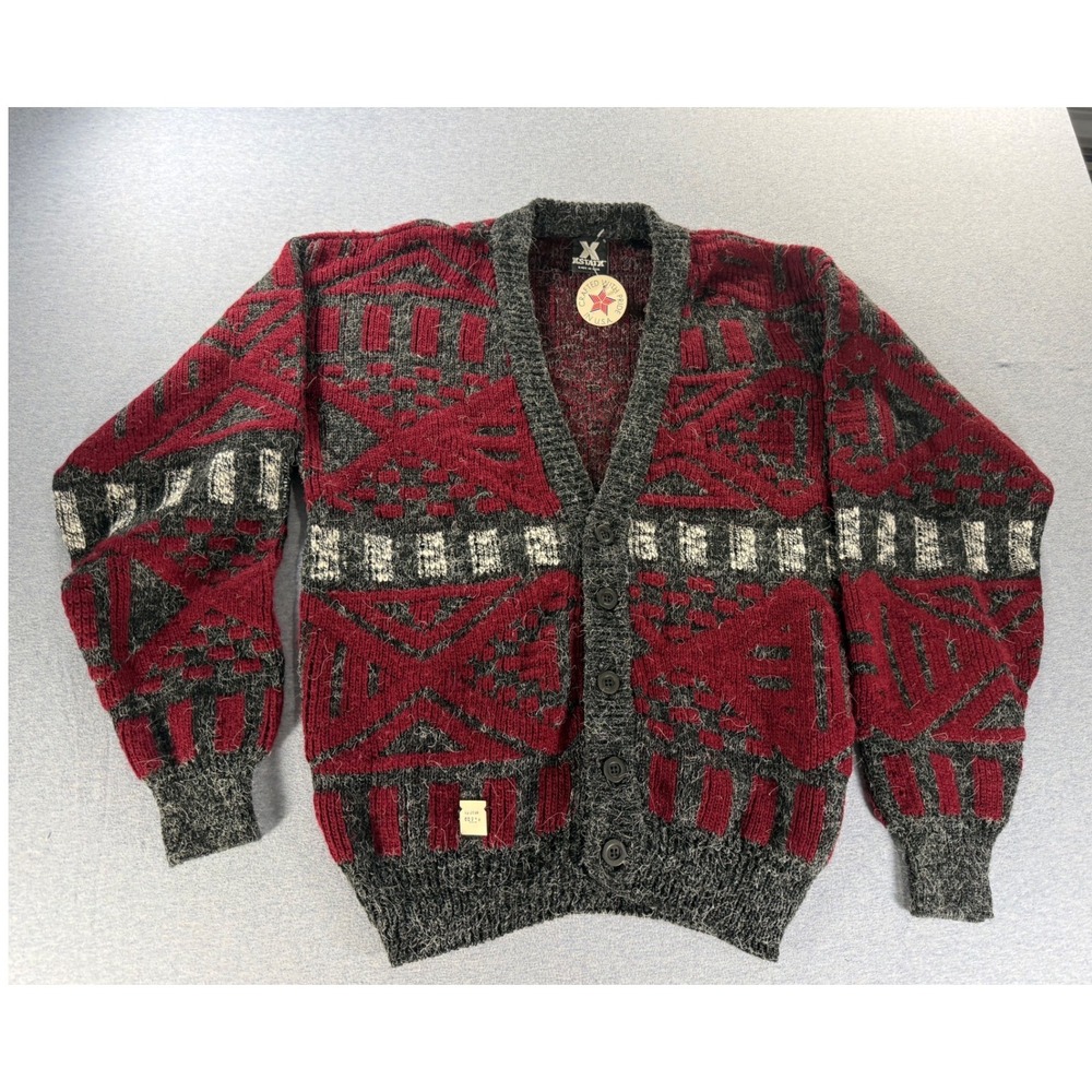Vintage XSTATX Mens Cardigan Sweater Red Grey Geometric Knit Made in USA Medium